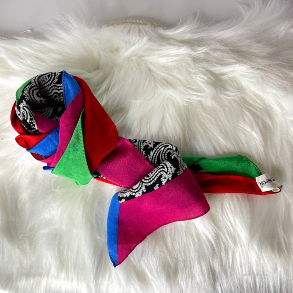 Albert Nipon Colorblock Paisley Silk Scarf Multicolor Red Green Blue Pink